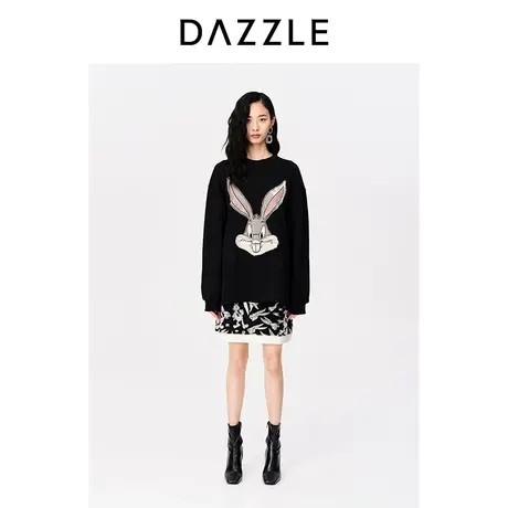 DAZZLE地素奥莱23春新款兔巴哥联名黑色刺绣休闲宽松卫衣内搭上衣图片