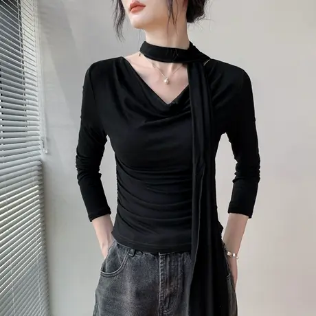 法式飘带V领长袖t恤女秋季新款修身显瘦洋气小众别致纯色百搭上衣商品大图