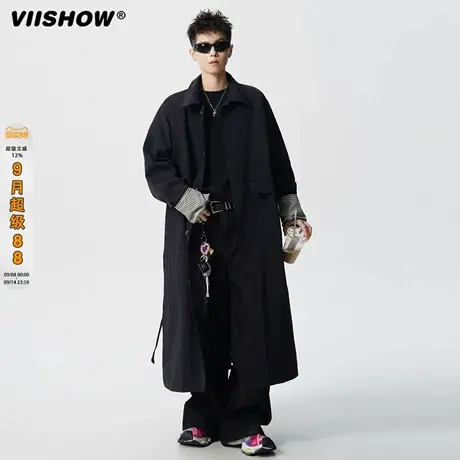 VIISHOW格子撞色翻领风衣外套男秋季美式vintage中长款过膝大衣商品大图