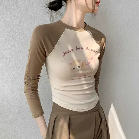 撞色拼接圆领长袖T恤女初秋插肩袖内搭打底衫正肩猫咪短款上衣潮商品大图