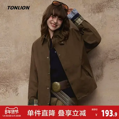 唐狮女外套2026秋季外套女夹克衫棕色拼接格子设计高级感秋季穿搭商品大图