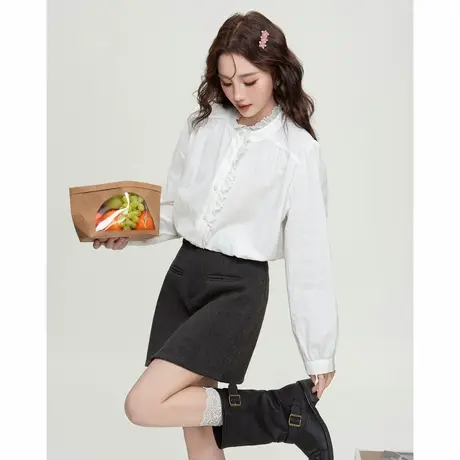 唐狮春秋季女全棉领口褶皱花边长袖衬衫衬衣女士高级感气质百搭TM图片