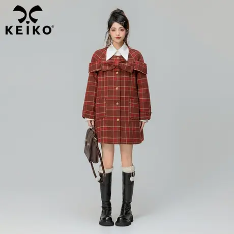 KEIKO 枫叶红格纹毛呢大衣女绗缝夹棉2023秋冬英伦复古呢子外套厚商品大图