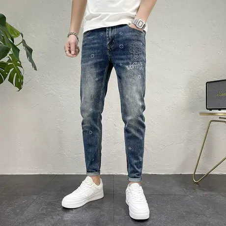 重磅高端轻奢男款牛仔裤立体压花潮流修身小脚铅笔男士牛仔蓝长裤商品大图