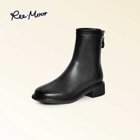 REEMOOR睿慕白色短靴女优雅瘦瘦靴2023秋冬新款气质中筒小踝靴商品大图