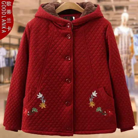 大码中老年妈妈冬季加绒加厚棉衣宽松洋气刺绣奶奶灯芯绒棉服外套商品大图
