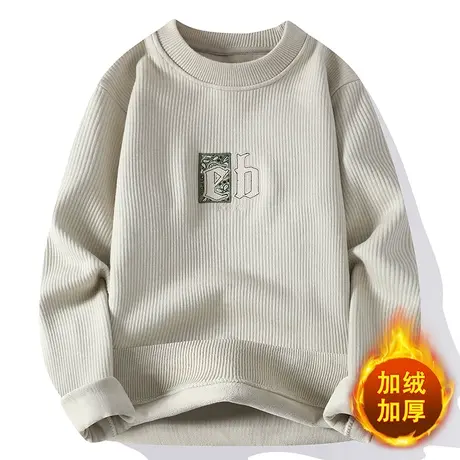 2023年新款圆领毛衣男秋冬季羊毛保暖加绒加厚潮流打底针织衫宽松商品大图