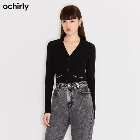 ochirly欧时力新款春装V领钻饰排扣修身毛衣开衫上衣女1NZ403280F商品大图