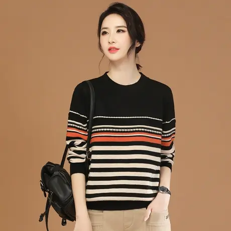 新品8.5折】圆领撞色条纹毛衣女休闲百搭针织打底衫上衣图片