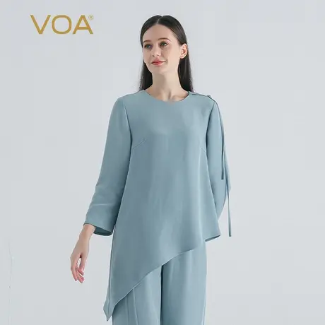VOA45姆米桑蚕丝重磅雾霾蓝圆领五分袖直筒简约文艺不对称真丝T恤图片