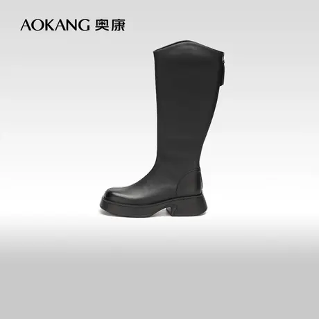 【门店发货】奥康女鞋 冬季新款v口长筒靴粗跟加绒百搭瘦瘦靴图片