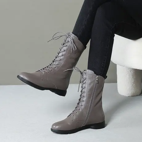 真皮马丁靴女圆头平跟新款时尚短靴秋冬季牛皮中筒靴春秋真皮单靴图片