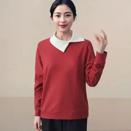 长袖气质翻领套头上衣女正肩休闲polo领T恤拼接图片