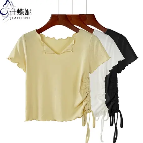 夏季新款韩版纯棉修身纯色简约荷叶边短款抽绳短袖体恤上衣女装商品大图