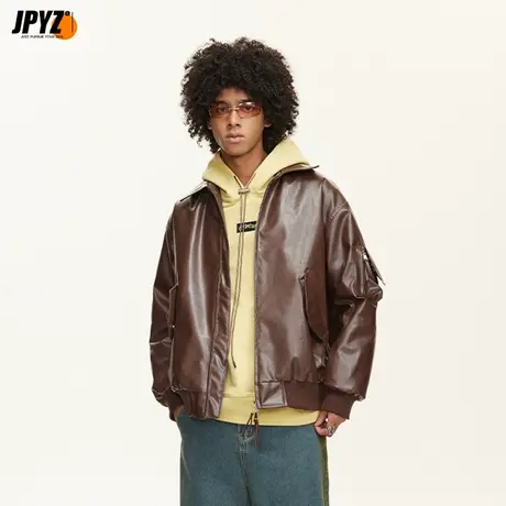 男生欧美风潮牌皮衣皮夹克宽松百搭2023新款加绒百搭宽松冬季外套图片