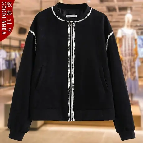 加肥加大码中年妈妈春秋夹克女2023新款洋气撞色鹿皮绒小香风外套商品大图