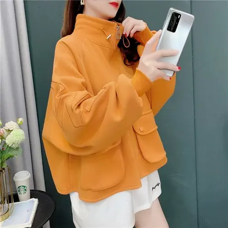 短款拉链卫衣女外套纯色宽松韩版2023新款春秋慵懒风chic港味上衣商品大图