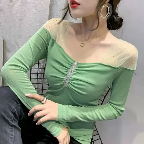 春秋性感透视露锁骨T恤女长袖烫钻洋气质上衣显瘦百搭网纱打底衫图片