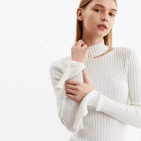 DPLAY德帕拉春新品欧美纯色套头镂空开叉袖口修身针织衫商品大图