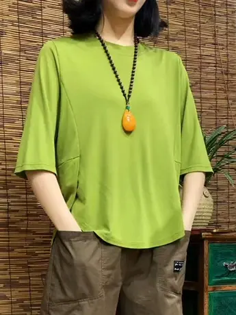 爆款时尚不规则遮肉t恤女新款中袖洋气圆领宽松上衣网红夏装小衫商品大图