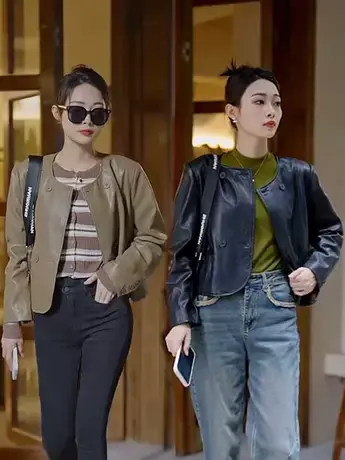 欧洲站2023秋季新款复古短款小个子机车pu皮衣夹克洋气百搭外套女商品大图