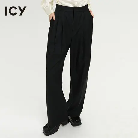 icy2023春季新款简约慵懒感高腰黑色休闲阔腿西装长裤商品大图