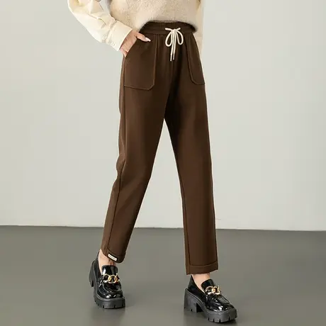 咖啡色毛呢裤子女秋冬2024新款冬季九分哈伦裤显瘦休闲加厚针织裤图片