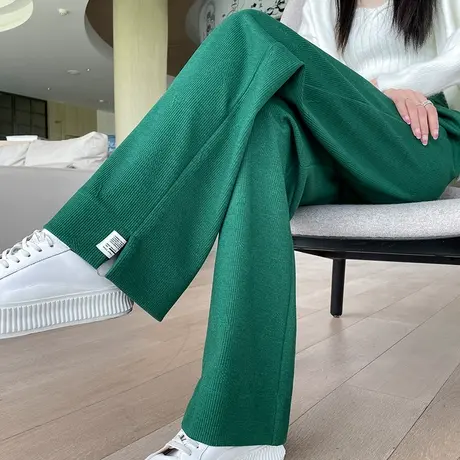绿色高腰阔腿裤女2023年春秋新款垂感宽松显瘦针织休闲直筒长裤子图片