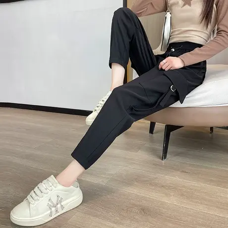 美式黑色工装裤女春秋2024新款高腰显瘦小个子束脚哈伦运动阔腿裤图片