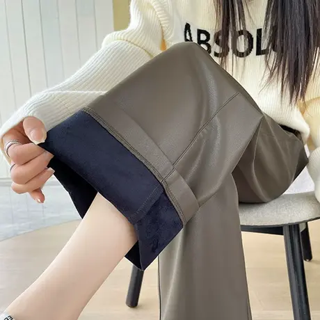 加绒阔腿皮裤女冬季2023年新款高腰宽松九分小个子PU皮加厚直筒裤商品大图