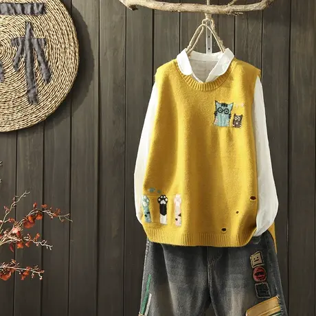 枫谜2019年秋冬新款文艺简约针织套头马甲背心女针织无袖毛衣上衣图片