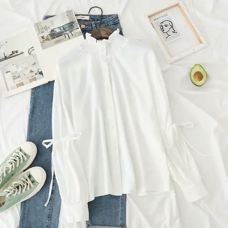 春新款韩版气质免烫木耳花边领立领白色雪纺衬衫女内搭灯笼袖上衣图片