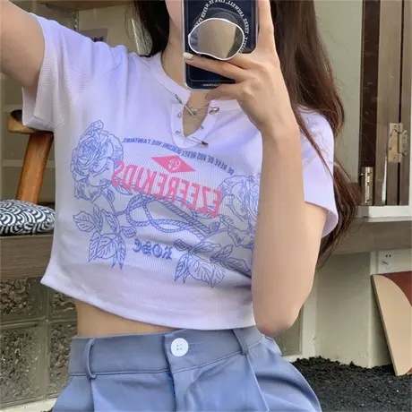 韩版chic设计感短袖T恤女夏季百搭修身小众辣妹短款露脐ins上衣潮商品大图