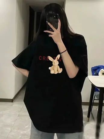 黑色纯棉兔子印花短袖t恤女夏季设计感小众宽松圆领半袖体恤上衣商品大图