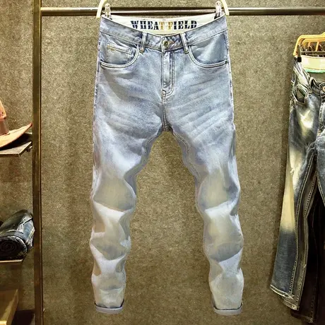 时尚简约复古男士牛仔裤潮流修身小脚裤高街vibe风夏天潮牌裤子男商品大图