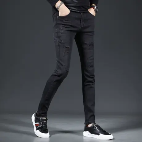 黑色破洞牛仔裤男春秋款2023新款爆款修身小脚弹力潮牌男士裤子商品大图