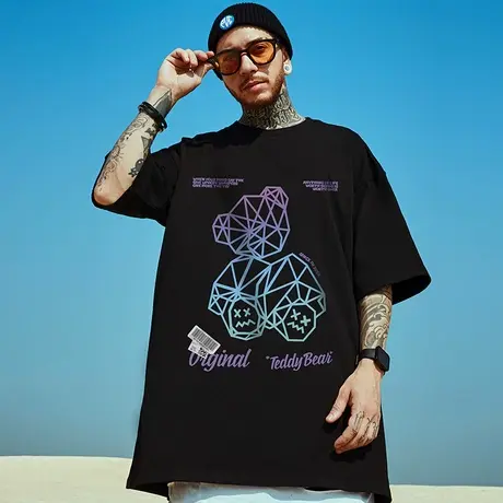 夏季青少年潮牌男半袖ins港风中性情侣装T恤加肥加大短袖大码男装商品大图