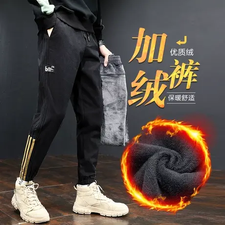 黑色潮牌工装休闲长裤子男裤男士束脚宽松加绒加厚冬季秋冬款男生图片
