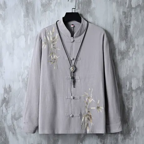 秋天中国风亚麻盘扣男长袖衬衫复古竹叶刺绣拼接演出古装休闲衬衣商品大图