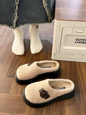 复古厚底毛毛拖鞋女冬季外穿百搭增高包头半拖棉鞋加绒棉拖鞋女款商品大图