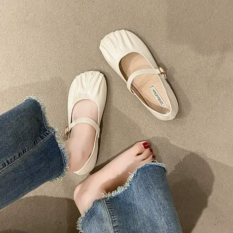 浅口单鞋女夏季一字带真皮休闲鞋平底舒适玛丽珍女鞋百搭奶奶鞋子商品大图