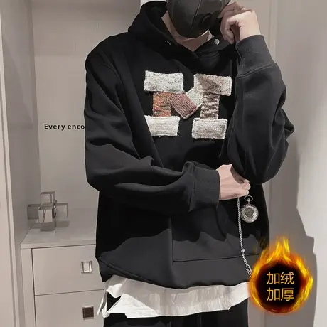 美式连帽卫衣男秋冬款个性贴布设计感宽松加厚t恤衫痞帅加绒上衣商品大图