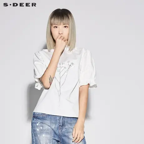 sdeer圣迪奥2019新款女装夏装甜美套头荷叶印胶短袖T恤S18280403🐦图片