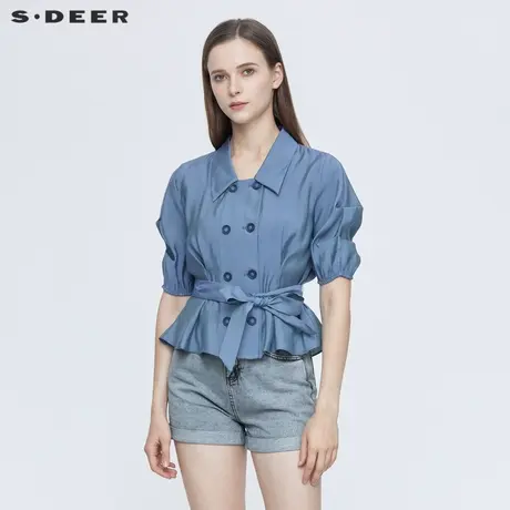 sdeer圣迪奥夏装休闲翻领双排扣收腰泡泡袖衬衫S21260426图片
