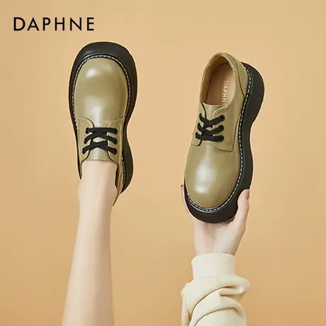 达芙妮绿色小皮鞋女鞋英伦风夏季厚底圆头赫本风乐福鞋系带配裙子商品大图