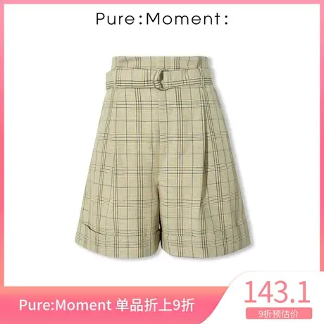 Pure:🍴Moment夏季新款直筒显瘦格子高腰短裤女图片
