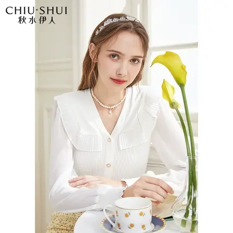 秋水伊人纯色开襟毛衫2021年秋季新款女装简约气质荷叶边上衣女图片