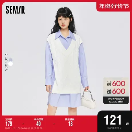 森马连衣裙女尖领拼接假两件开叉2022秋新款oversize文艺裙韩版潮图片