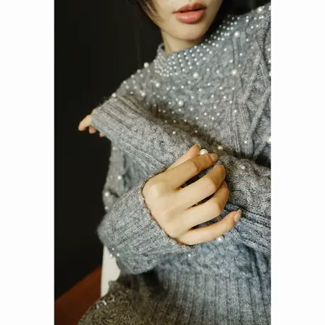 2023冬季新款女装大牌高定钉珠针织圆领羊毛羊绒女士上衣毛衣女商品大图