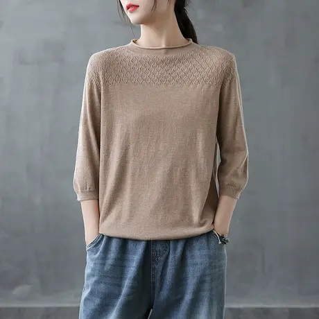 dza薄款针织衫 女士宽松半高领毛衣秋季2022新款打底衫七分袖上衣商品大图